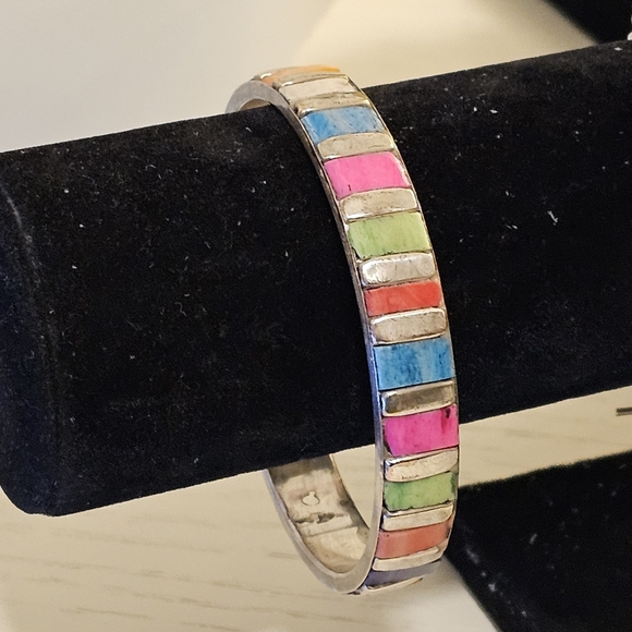 Silver multi-color inlay stone Bangle - Picture 5 of 5
